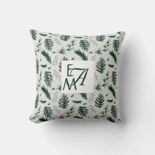 Monogram Forest Green Leaves Botanical 3 Initialen Kussen