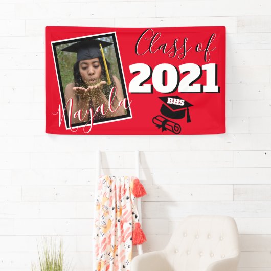 Monogram & Foto Afstuderen Aangepaste kleur rood Spandoek (Insitu)