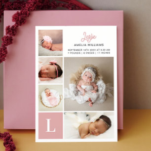 Monogram Foto Collage Baby Girl Birth Aankondiging