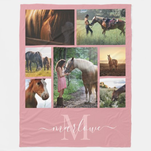 Monogram Foto Collage Blush Roze Aangepaste naam Fleece Deken (Voorkant)