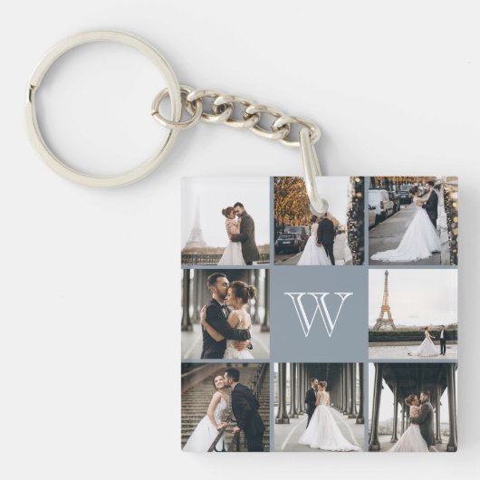 Monogram Foto Collage Dusty Blue Sleutelhanger (Voorkant)