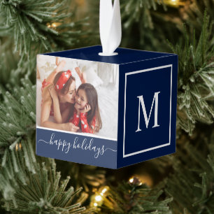 Monogram Foto Collage Happy Holiday Navy Kubus Ornament