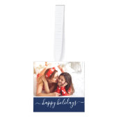 Monogram Foto Collage Happy Holiday Navy Kubus Ornament (Voorkant)