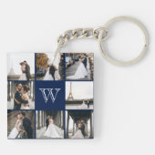 Monogram Foto Collage Navy Blue Sleutelhanger (Achterkant)