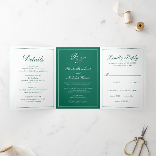 Monogram Foto Formal Emerald Green Wedding Drieluik Uitnodiging (Binnen)