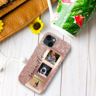 Monogram foto glitters rose goud handgeschreven Case-Mate iPhone 14 hoesje