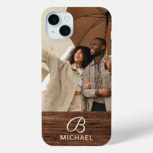 Monogram Foto Houtstructuur Houten Gepersonaliseer iPhone 15 Mini Hoesje