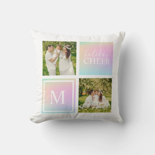 Monogram Foto Kerstmis Vakantie Cheer Iridescent Kussen (Voorkant)
