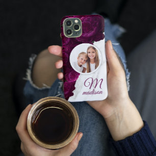Monogram Foto Moderne Bloem Marmer Aangepaste Naam iPhone 13 Hoesje
