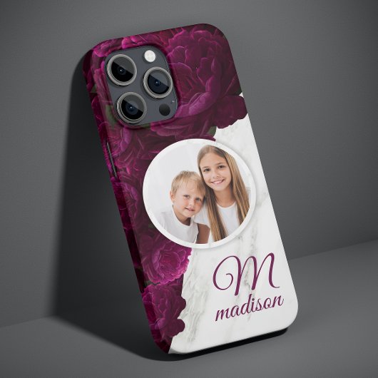 Monogram Foto Moderne Bloem Marmer Aangepaste Naam Case-Mate iPhone Case