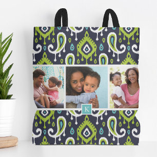 Monogram foto van Navy and Green Ikat Paisley Fami Draagtas
