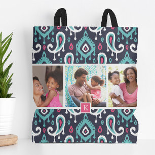 Monogram foto van Navy en Pink Ikat Paisley Family Draagtas