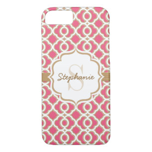 Monogram Fuchsia en Gold Quatrefoil iPhone 8/7 Hoesje