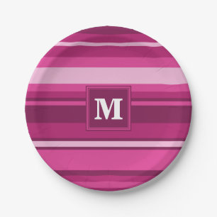 Monogram fuchsia strepen papieren bordje