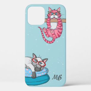 Monogram Funny Whimsical Cats Trendy Modern iPhone 12 Hoesje
