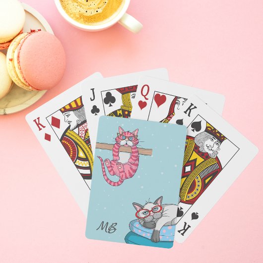 Monogram Funny Whimsical Cats Trendy Modern Pokerkaarten