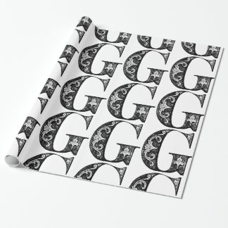Monogram G Initiaal Black en White Floral Pattern Cadeaupapier