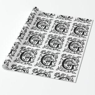 Monogram G Initiaal Black en White Floral Pattern Cadeaupapier