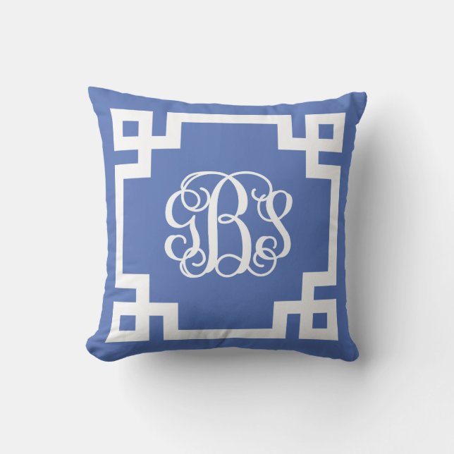 Monogram GBS Blue en White Greek Key Script Kussen (Voorkant)