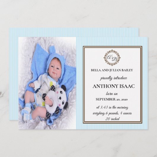 Monogram geboorteaankondiging kaart (Voorkant / Achterkant)