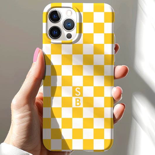 Monogram geel en wit schaakbordpatroon Case-Mate iPhone case