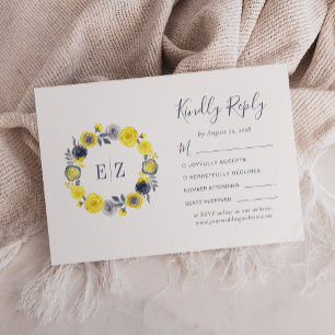 Monogram Geel Grijs Bloemenkrans Bruiloft RSVP Kaartje