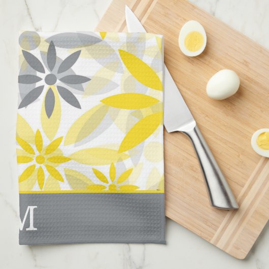 Monogram geel grijs bloemenpatroon theedoek (Quarter Fold)