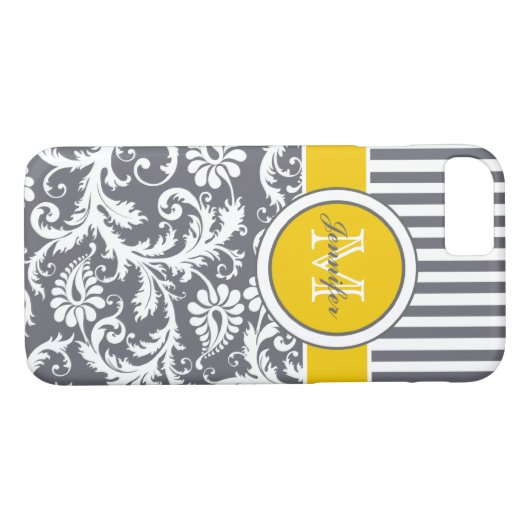 Monogram Geel Grijs Witte Stripe Damask Case-Mate iPhone Case (Achterkant (Horizontaal))