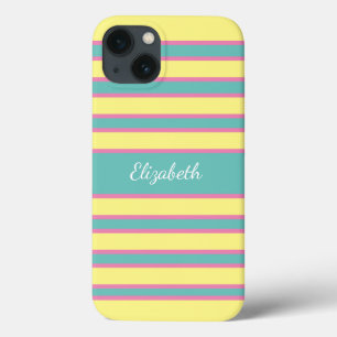 Monogram Geel Roze Aqua Turquoise Striped iPhone 13 Hoesje