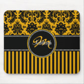 Monogram Geel Zwart Witte Stripe Damask Mousepad Muismat (Voorkant)