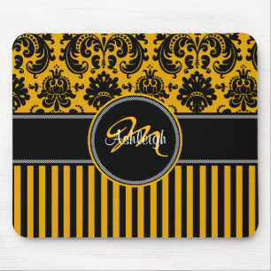 Monogram Geel Zwart Witte Stripe Damask Mousepad Muismat