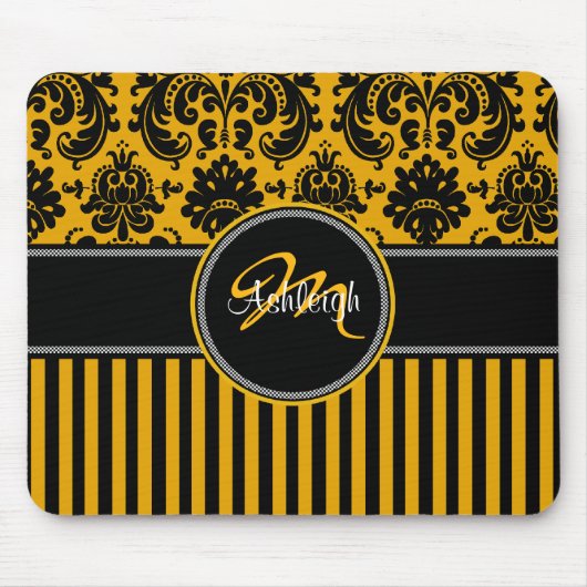 Monogram Geel Zwart Witte Stripe Damask Mousepad Muismat (Voorkant)