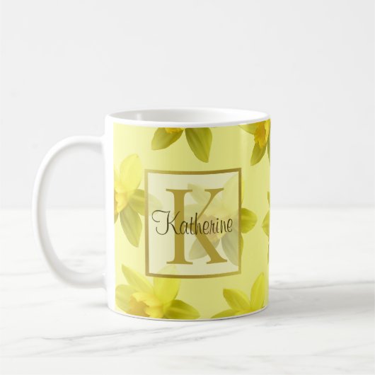 Monogram gele narcissen koffiemok (Links)