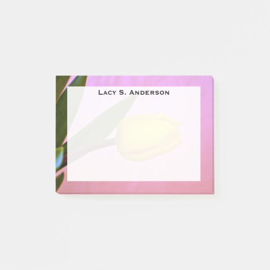 Monogram Gele Tulp, Groene Bladeren, op Roze Post-it® Notes (Voorkant)