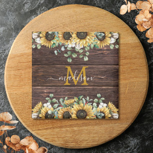 Monogram Gele Zonnebloem Eucalyptus Bruine Hout Magneet
