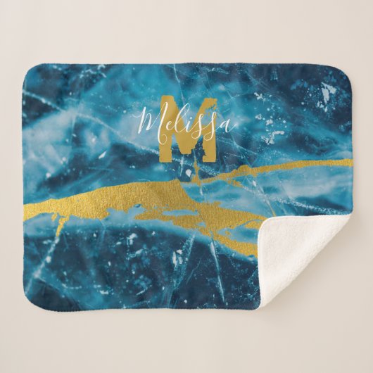 Monogram Geode Agate Gemstone Blue en Gold Sherpa Deken (Voorkant (horizontaal))