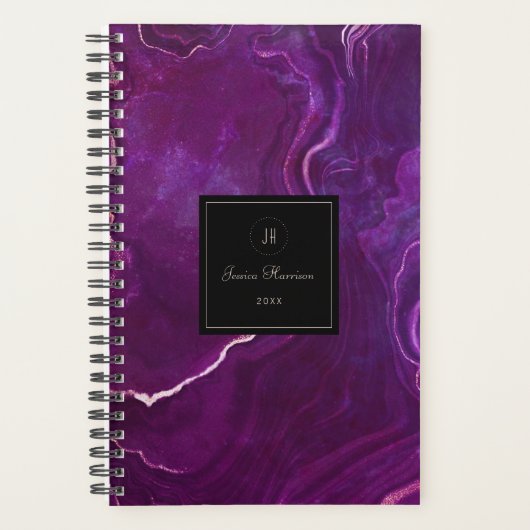 Monogram Geode Dark Paars Black Abstract Agate Planner (Voorkant)