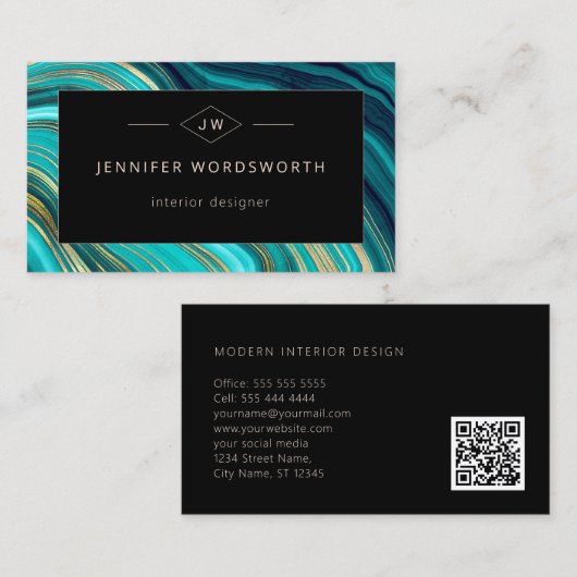 Monogram Geode Green Agate Malachite QR Code Visitekaartje (Voorkant / Achterkant)