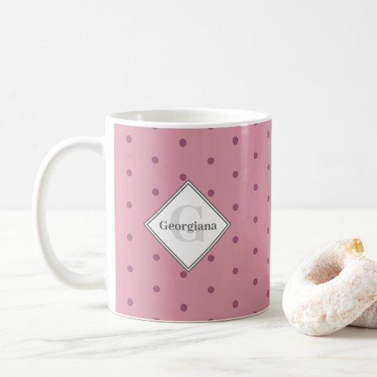 Monogram Geometrische Dusky Roos Rode Polka stippe Koffiemok (Met donut)