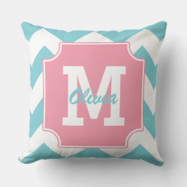 Monogram Gepersonaliseerd Blauw en Roze Chevron Kussen