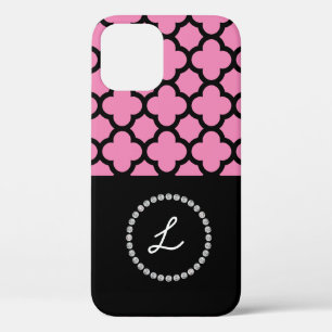 Monogram Gepersonaliseerd Monogram Roze Zwart Diam iPhone 12 Hoesje