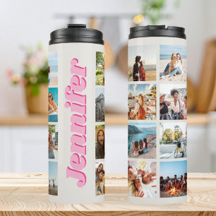 Monogram gepersonaliseerde 16 fotocollage thermosbeker