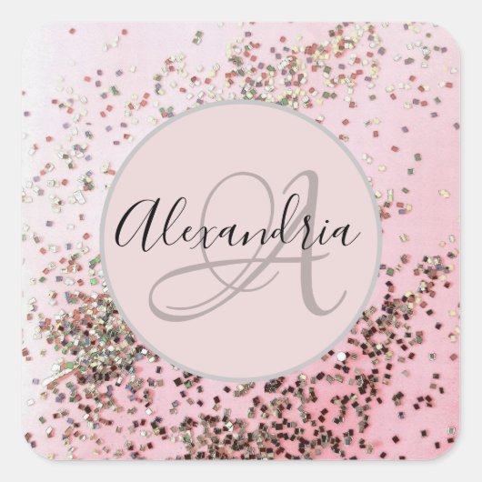 Monogram gepersonaliseerde champagne roze Confetti Vierkante Sticker (Voorkant)