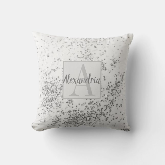 Monogram gepersonaliseerde chique zilveren Confett Kussen (Voorkant)