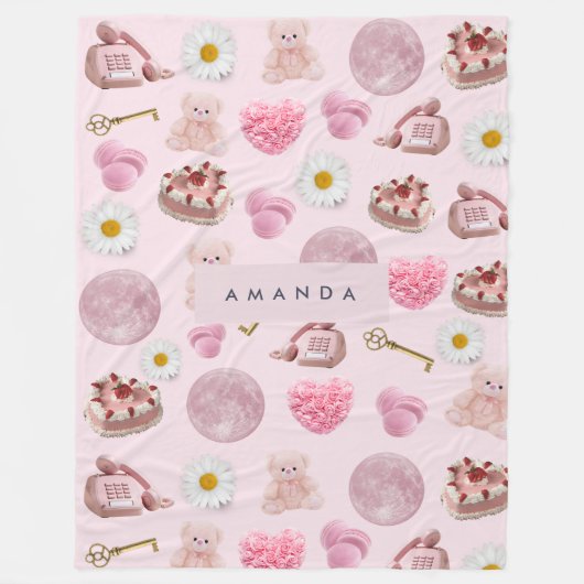 Monogram Gepersonaliseerde Coquette Roze Maan Vrou Fleece Deken (Voorkant)