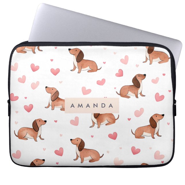 Monogram gepersonaliseerde Schattigee teckel hond Laptop Sleeve (Voorkant)