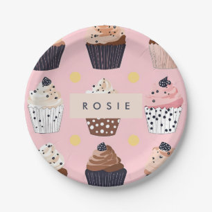 Monogram gepersonaliseerde Schattigee zoete cupcak Papieren Bordje