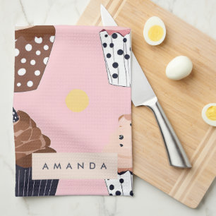 Monogram gepersonaliseerde Schattigee zoete cupcak Theedoek
