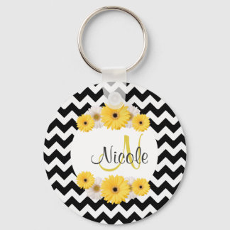Monogram Gepersonaliseerde zwarte witte chevron Da Sleutelhanger