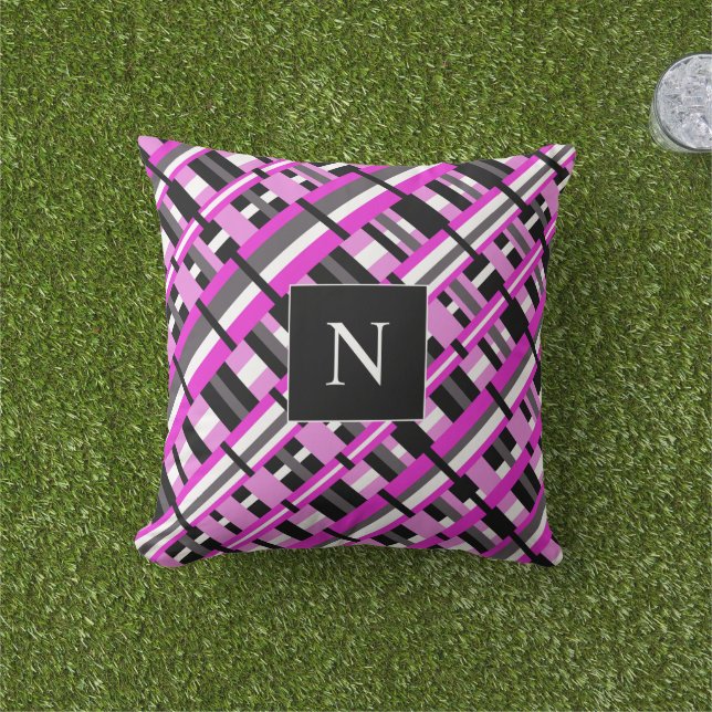 Monogram Geplakt in roze, zwart & grijs diagonaal Buitenkussen (Gras)